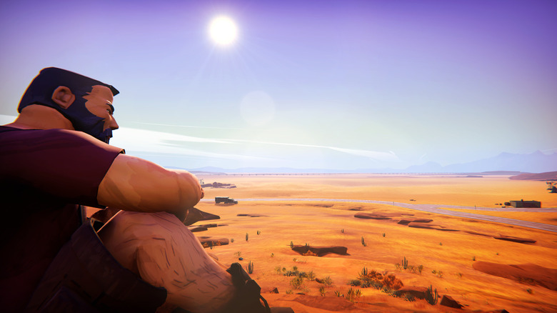 A man sits while surveying a desert road in Road 96