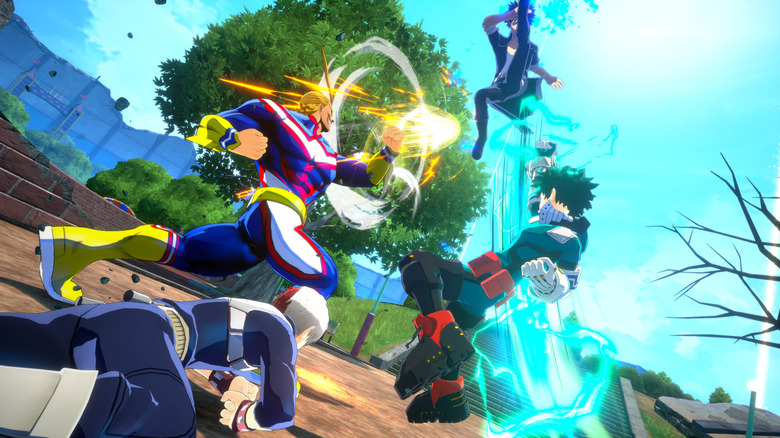 All Might and Deku uppercut an enemy into the air in My Hero Ultra Rumble