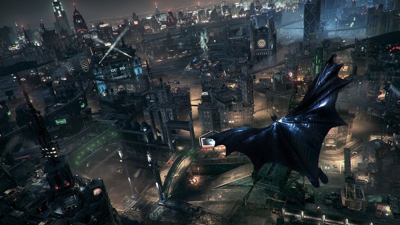 Batman flying over Gotham City in "Batman: Arkham Knight" (2015)