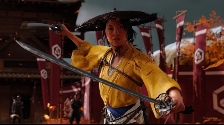 Atsu holding two swords in "Ghost of Yotei" (2025)