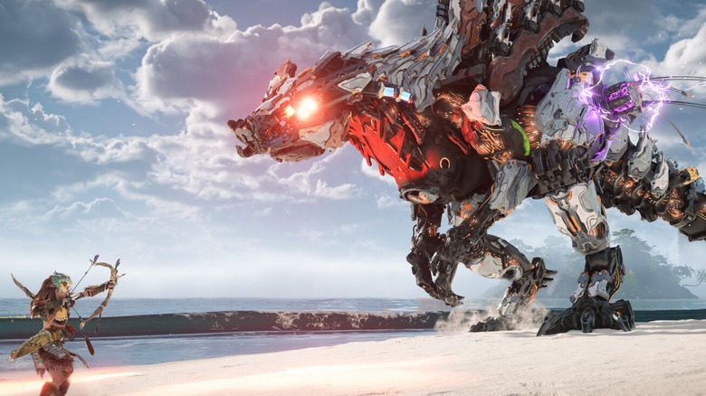 Aloy fighting Thunderjaw in "Horizon Forbidden West" (2023)