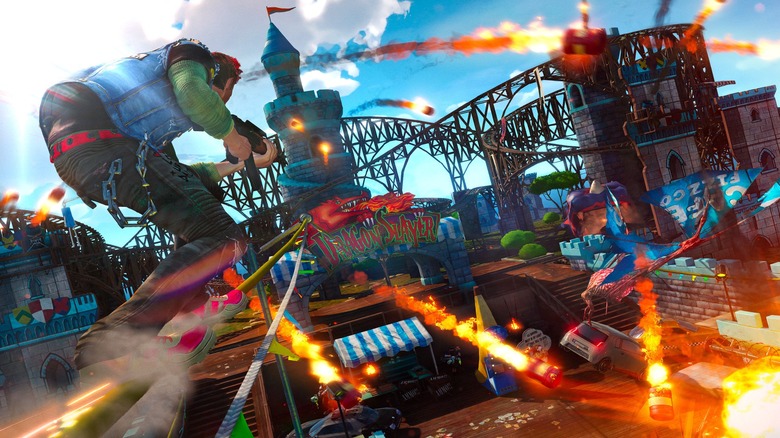 Player grinding on a rail and shooting gun in "Sunset Overdrive" (2014)