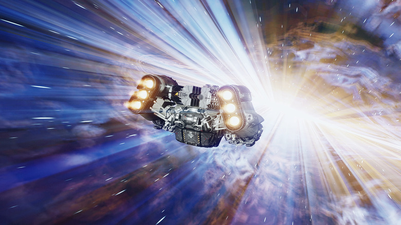 A ship entering hyperspeed in Starfield