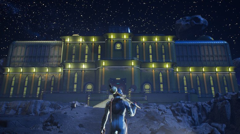 An Outer Worlds player standing in front a well-lit mansion at night