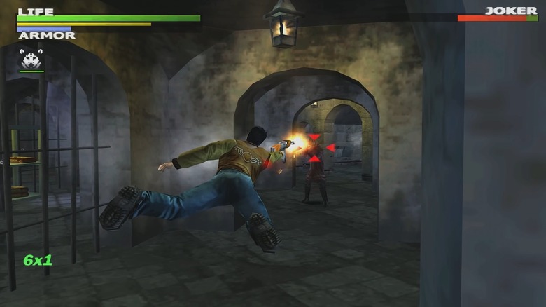 Jack Slate diving through the air and shooting a bad guy in Dead to Rights