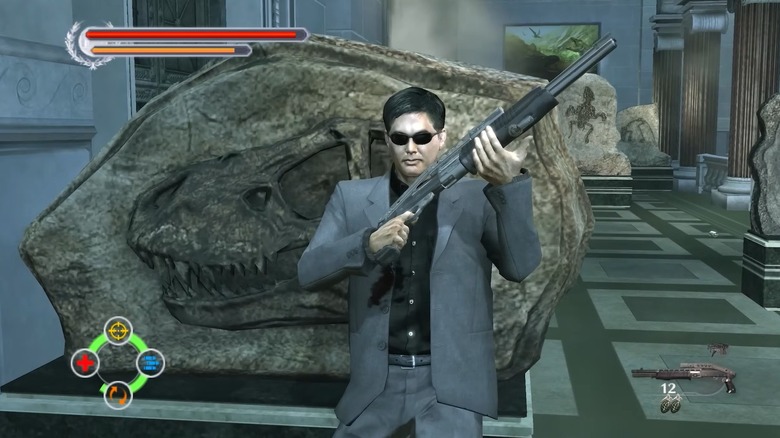 Inspector Tequila taking cover behind a dinosaur fossil in Stranglehold