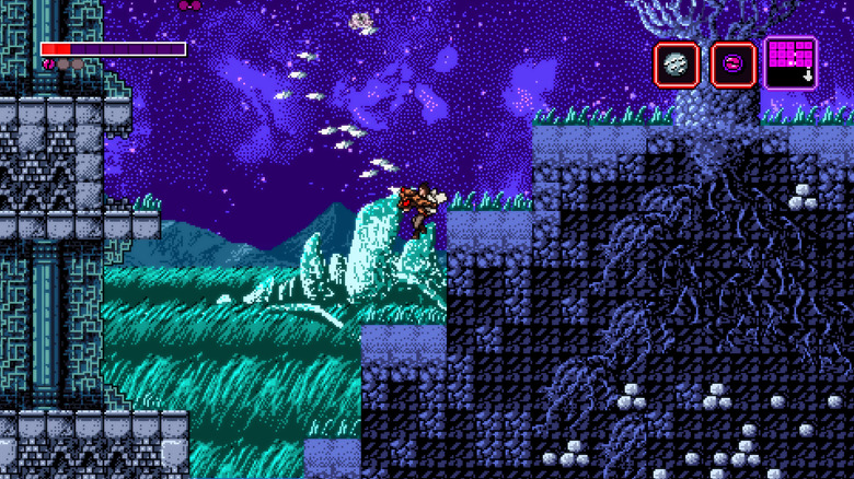Trace Eschenbrenner descends down a stone slope in front of a grassy field in "Axiom Verge" (2015)