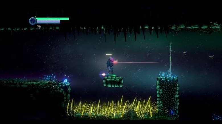 The Deadsuit stands on a floating stone platform over spikes in "Ghost Song"