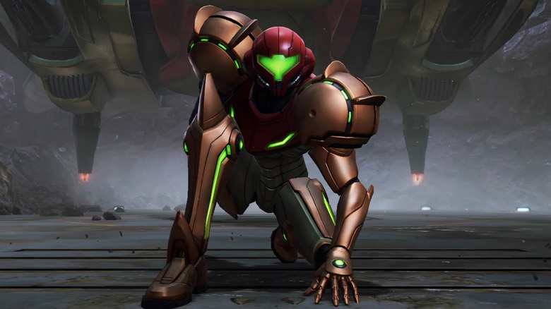 Samus Aran kneels on one knee in front of her spaceship in "Metroid Prime 4: Beyond" (2025)