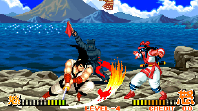 Haohmaru slashes at Nakoruru on a cliff overlooking a lake in Samurai Shodown (1993)