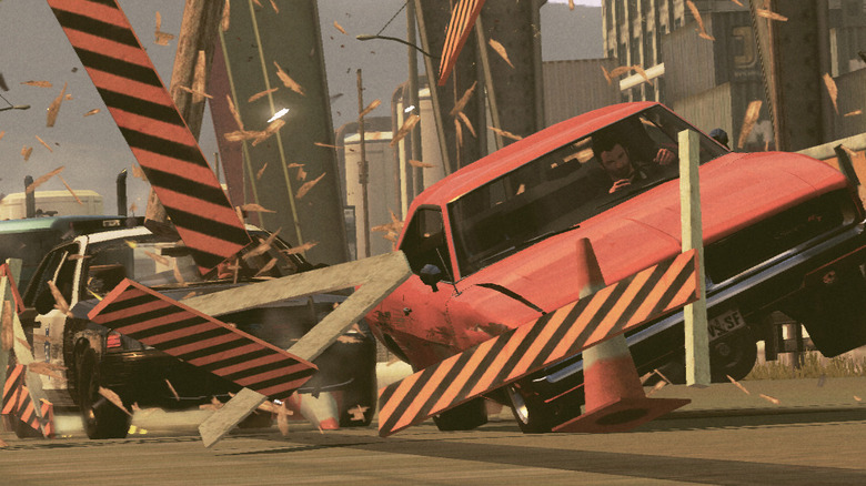 A red sports car smashes through barricades while pursued by police in Driver: San Francisco