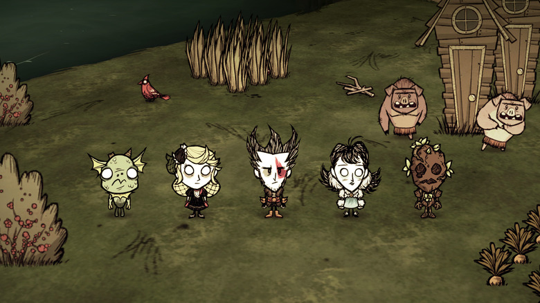 Wilson and his friends stand in a forest clearing near wooden houses in "Don't Starve Together" (2013)
