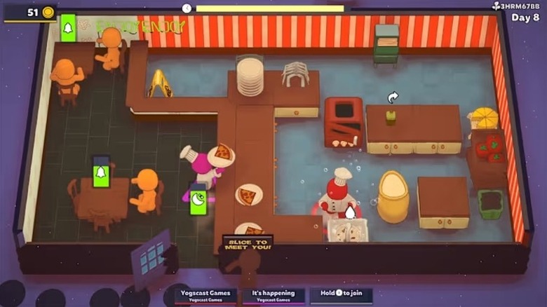 Players prepare and serve pizza to customers in "PlateUp!" (2022)