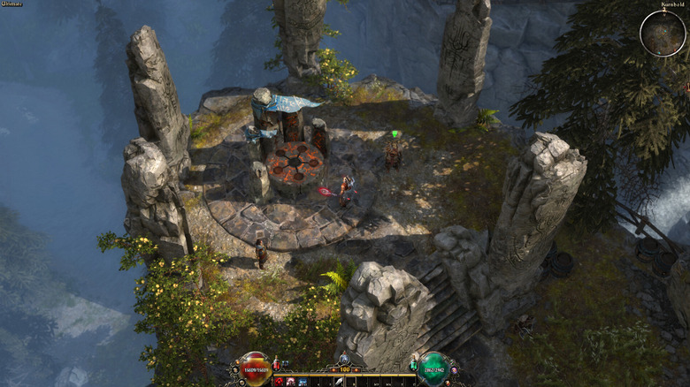 A group of adventurers approach a cliffside ritual site in Grim Dawn