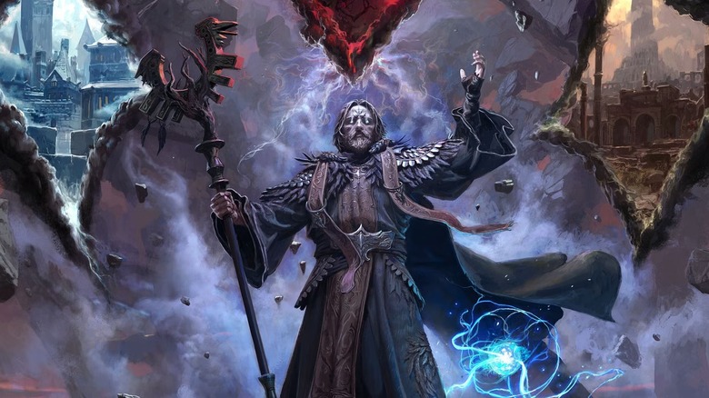 A wizard holding a staff in front of portals in cover art for Path of Exile 2