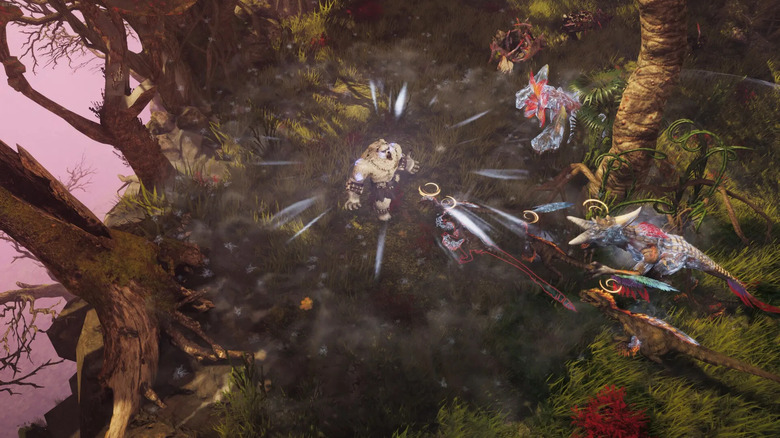 A feral barbarian roars while surrounded by monsters in Last Epoch