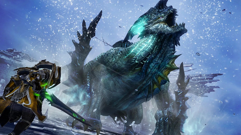A warrior charges at a roaring dragon in Lost Ark