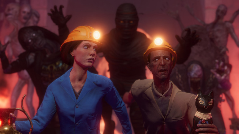 Two explorers are menaced by mummies on the cover art for Forewarned