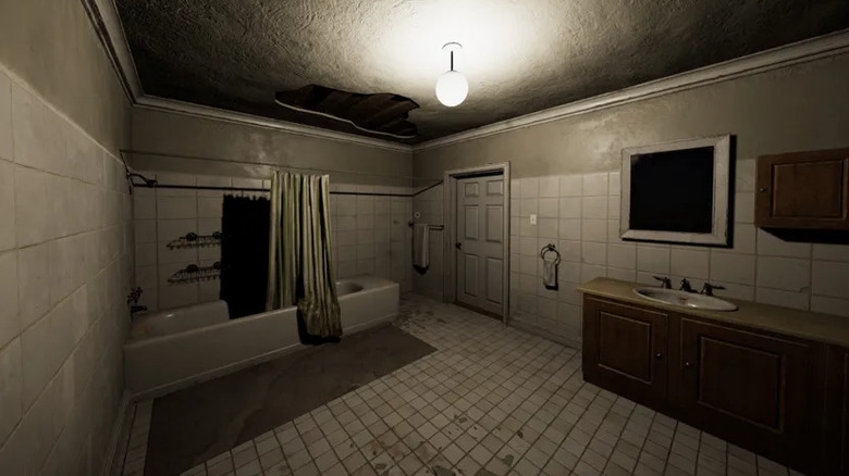 The player character surveys a dilapidated bathroom in Obsideo