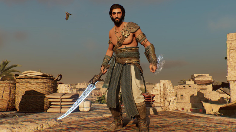 Basim Ibn Ishaq stands on a roof wearing a Prince of Persia-inspired outfit in Assassin's Creed Mirage