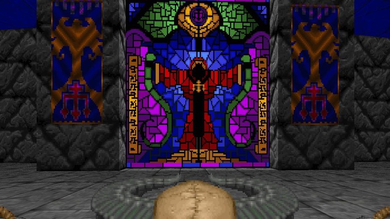 Corvus faces an unholy stained glass window in Heretic