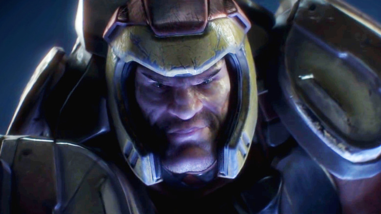 An armored warrior smirks in Quake Champions