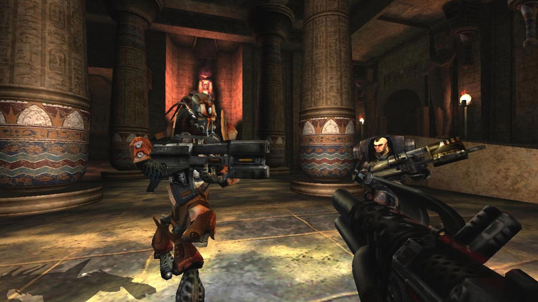 A player aims a gun at two enemies in Unreal Tournament