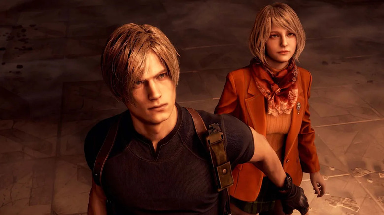 Leon S. Kennedy stands protectively in front of Ashley Graham in Resident Evil 4 (2023)