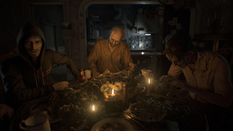 Lucas, Jack, and Marguerite Baker sit around a cluttered dining table in Resident Evil 7: Biohazard