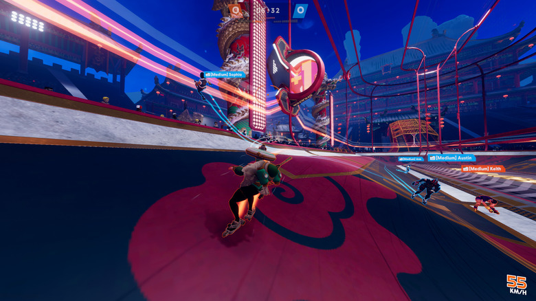 A Roller Champions player chasing their opponents on a track
