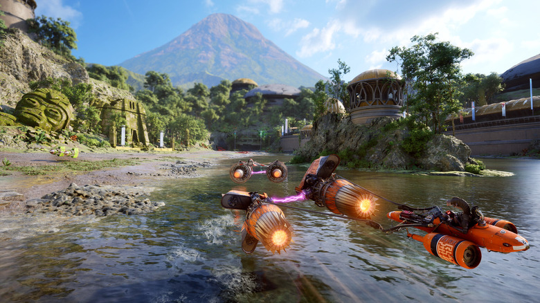 Two racers in Star Wars: Galactic Racer racing with Pod Racers on a watery track