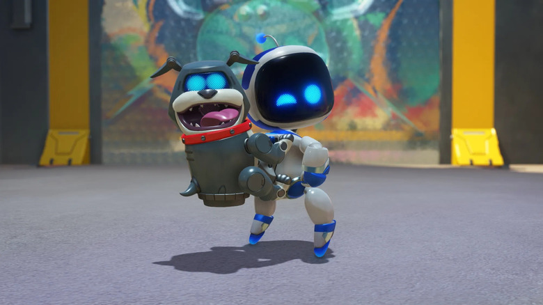 Astro Bot smiles with a dog on his back in Astro Bot