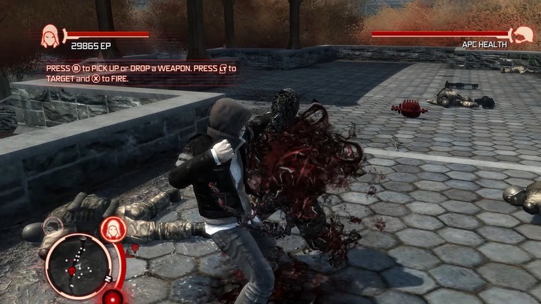 Alex Mercer using his superpowers to kill a guy in Prototype