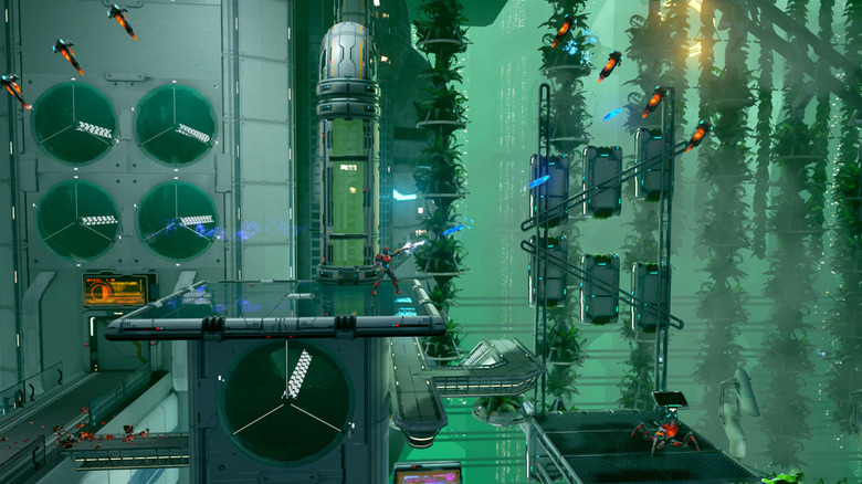 Avalon Darrow blasts incoming flying enemies in Matterfall