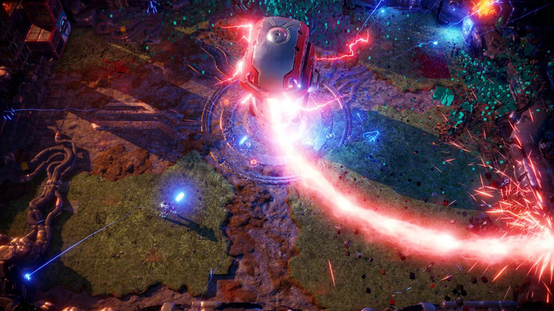 Players shoot a giant tower firing a red energy beam in Nex Machina