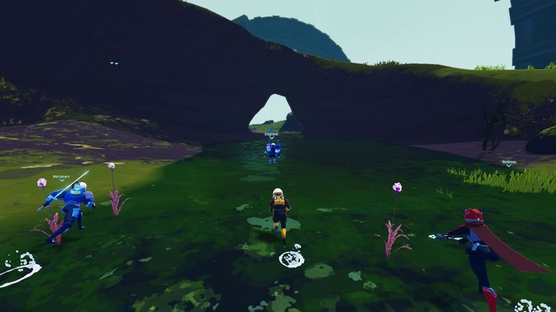 Three players run towards an engineer in Risk of Rain 2