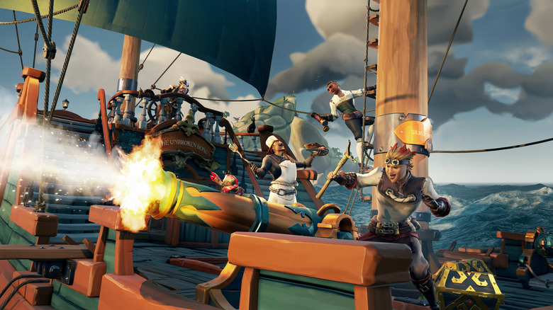 Sea of Thieves players firing a cannon on a pirate ship