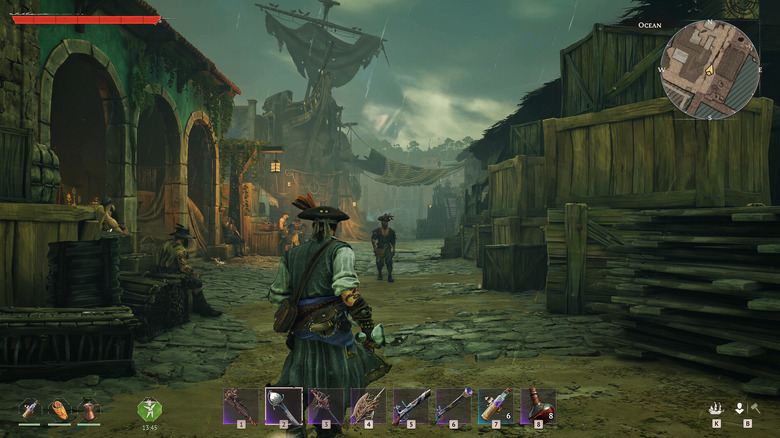 A character in Windrose standing in the middle of a pirate town