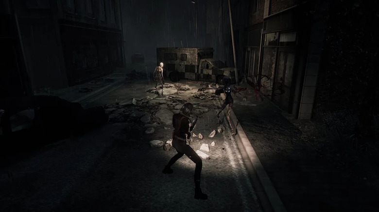 Mica aims a shotgun at monstrous figures in a dilapidated darkened street in Hollowbody