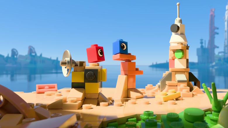 A red and blue brick glance at each other on a plateau in LEGO Voyagers