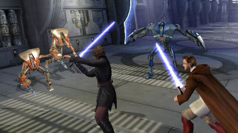 Anakin Skywalker and Obi-Wan Kenobi cut through battle droids in Star Wars Episode III: Revenge of the Sith