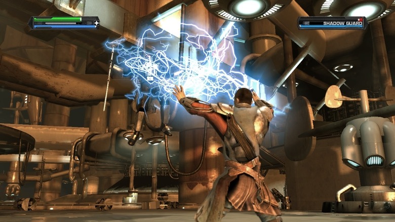 Starkiller fries a guard with Force lightning in Star Wars: The Force Unleashed