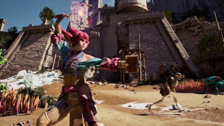 An Avowed character casting a magical spell at an enemy in Avowed