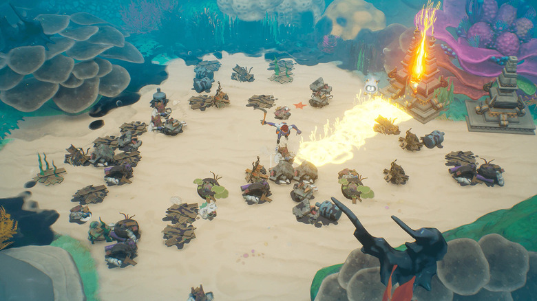 The player character harvests an undersea clearing in "Coral Island" (2022)