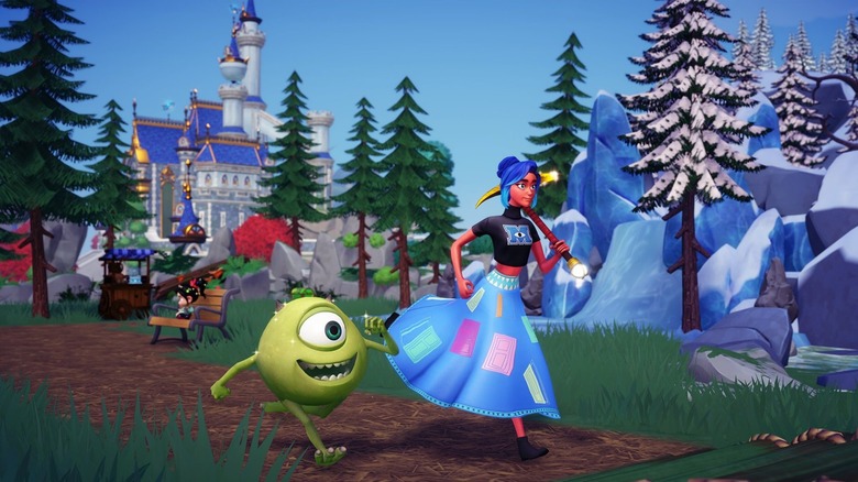 The player character runs next to Mike from Monsters Inc. in "Disney Dreamlight Valley" (2023)