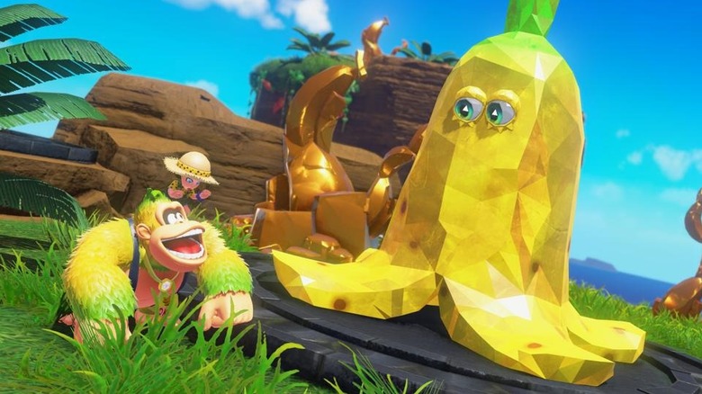 Donkey Kong and Pauline look at a giant golden banana in Donkey Kong Bananza