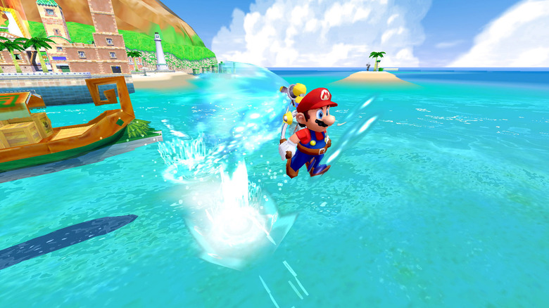 Mario uses F.L.U.D.D. to fly over the ocean in Super Mario Sunshine
