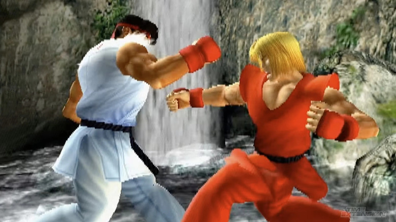 Ryu and Ken fight by a waterfall in Street Fighter EX3