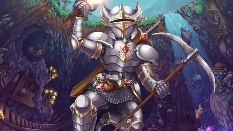 An armored knight holds a torch and a pickaxe on the cover art for Terraria