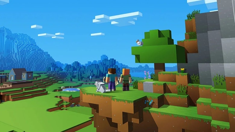 Alex, Steve, and his dog on a cliff edge in Minecraft